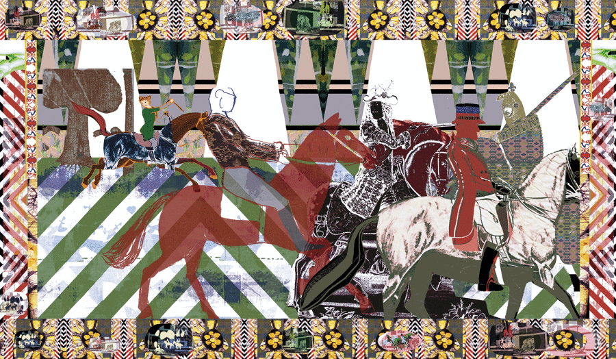 modern printet gobelin tapestry horses war contemporary textile art horse tapestry danish new design digital gobelin